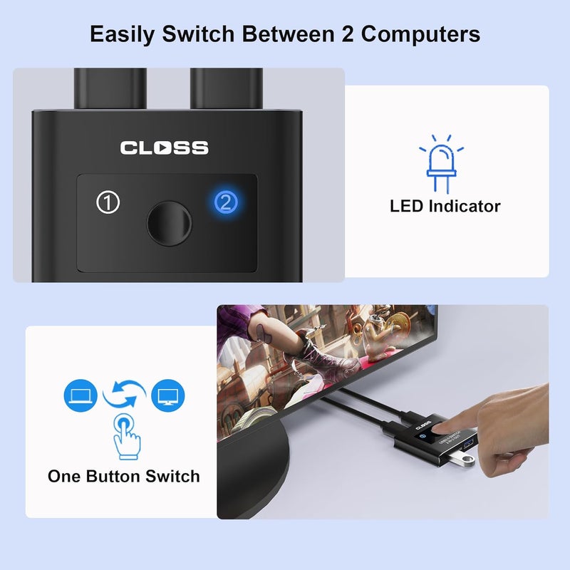 Closs USB 3.0 Switch 2 in 2 Out, USB Switcher for 2 Computers, Share Keyboard, Mouse, Printer, Scanner, KVM Switch Selector, Compatible with Windows, Mac, Linux, Includes 2 USB-A 3.0 Cables - Image 5